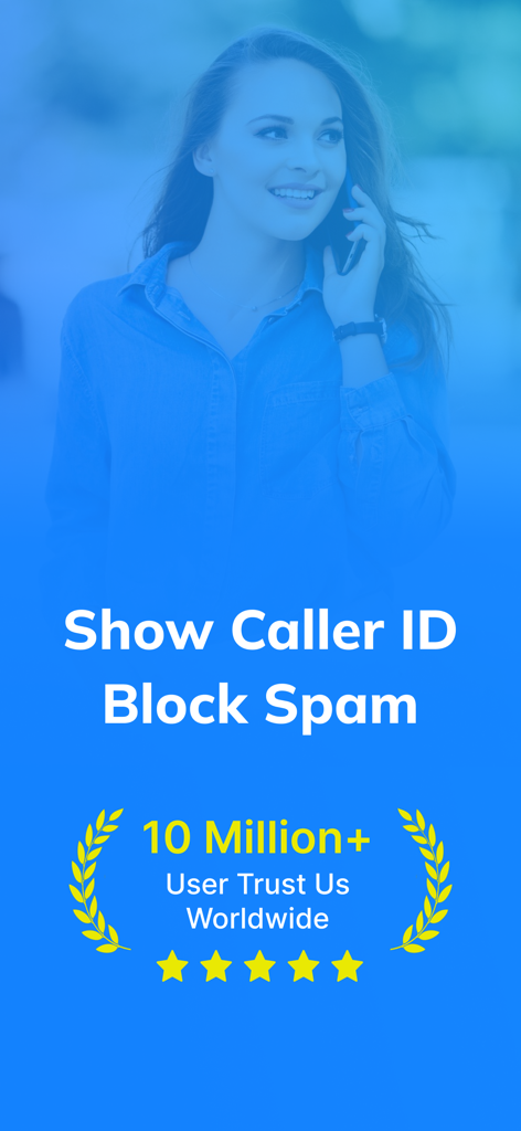 App screen showing Show Caller ID and Block Spam features with high user ratings