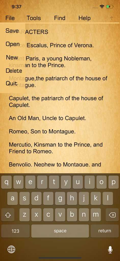 Oberfläche der Shakespeare Complete Search App zeigt das Menü und die Charakterliste aus Romeo und Julia auf einem Pergamenthintergrund
