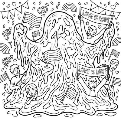 Explore a truly original coloring page where a Tar Monster embraces the spirit of Pride Month, surrounded by festive symbols. This design playfully combines "Love is Love" messages with rainbow flags and celebratory confetti, offering a vibrant canvas for your creativity.