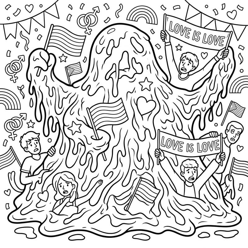 Explore a truly original coloring page where a Tar Monster embraces the spirit of Pride Month, surrounded by festive symbols. This design playfully combines "Love is Love" messages with rainbow flags and celebratory confetti, offering a vibrant canvas for your creativity.