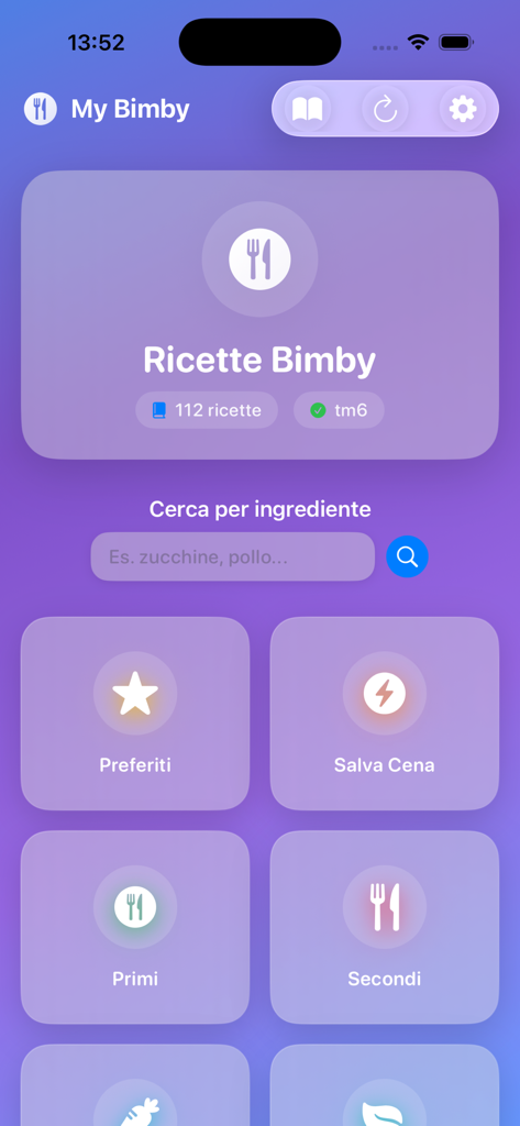 Main dashboard of the My Bimby app featuring recipe categories and an ingredient search bar for Thermomix users.