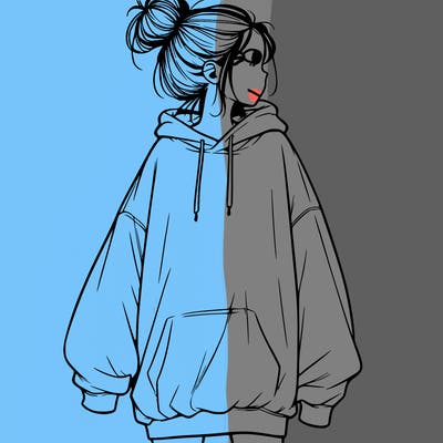 realistic girl with a oversized sweatshirt on and a bun