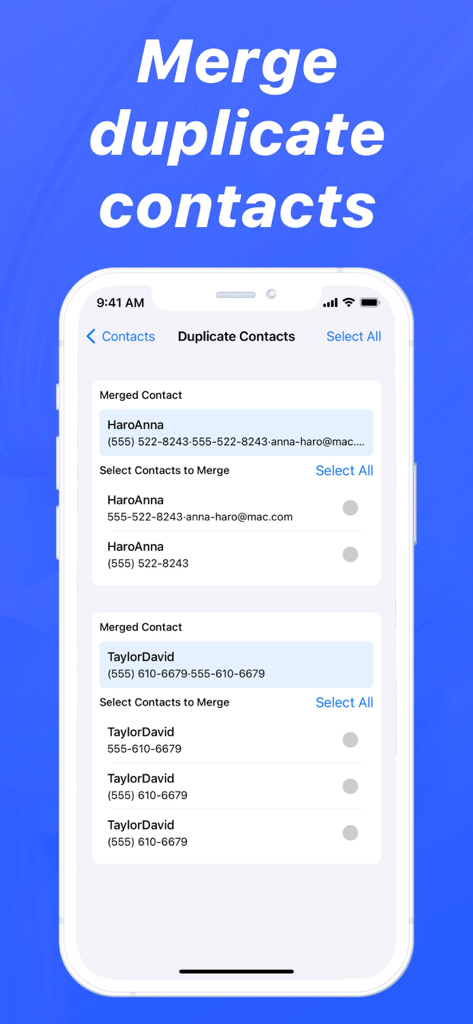 Easy Cleaner 앱 인터페이스, iPhone에서 중복 연락처 병합 방법 표시