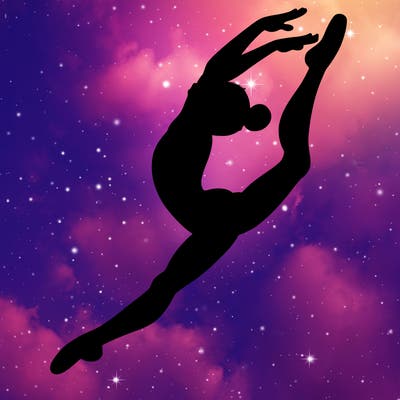 gymnast doing a leap in a leotard with a bent back leg