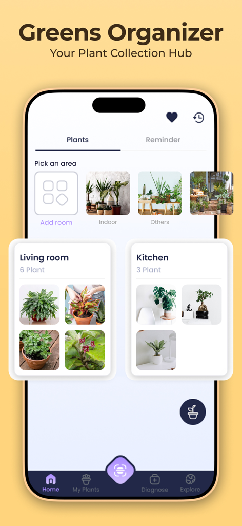 Plantora- Plant Identify, Care - Interface of the Plantora app showing the Greens Organizer feature where plants are grouped by rooms like living room and kitchen.