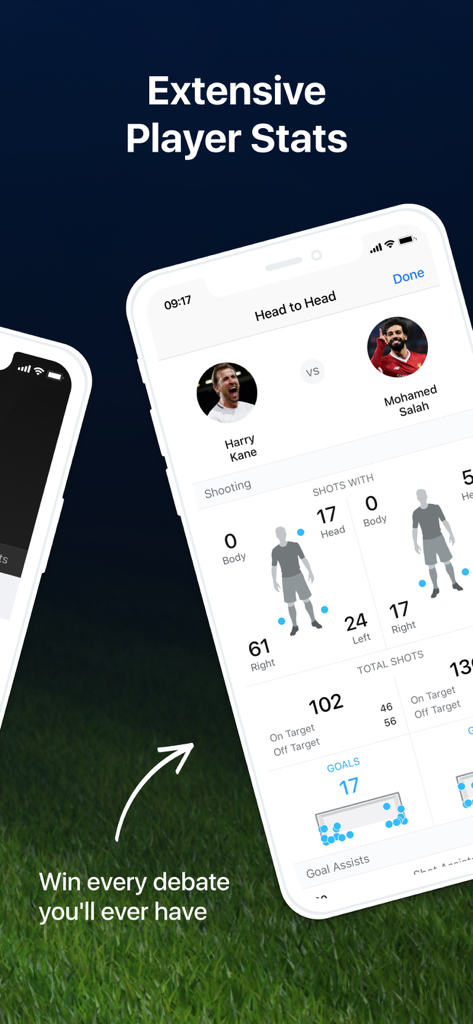 EPL Live: Football Scores - EPL 라이브 앱 인터페이스에서 해리 케인과 모하메드 살라의 광범위한 슈팅 통계 및 샷 맵의 헤드 투 헤드 비교입니다.