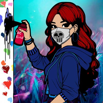 realistic girl with mask spray painting a wall