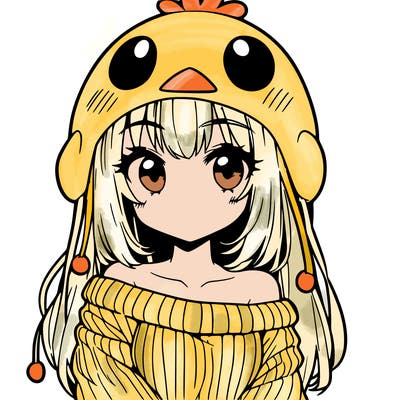 anime girl with chick shaped hat with sweater with bare shoulders with bangs covering them one eye with low tail