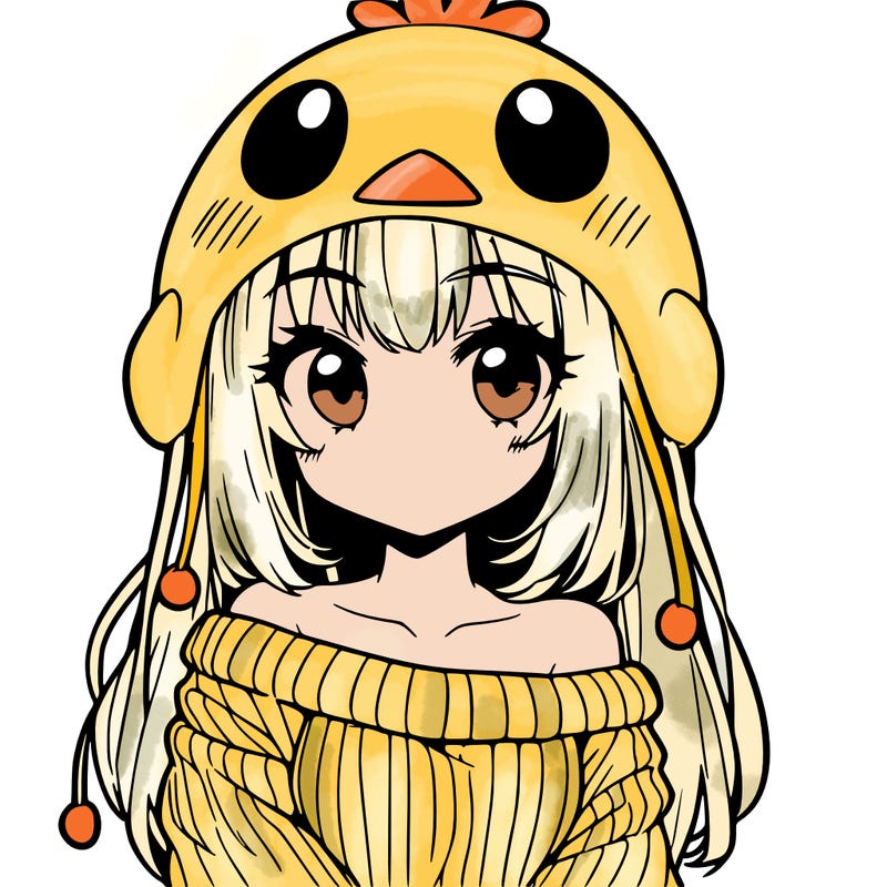 anime girl with chick shaped hat with sweater with bare shoulders with bangs covering them one eye with low tail