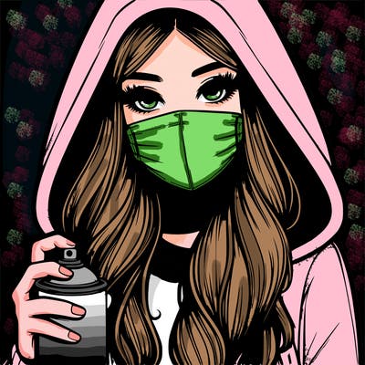 girl wearing a mask with long hair with her hood up spray-painting realistic