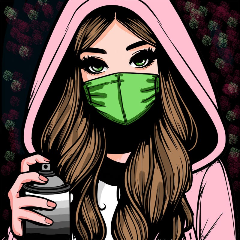 girl wearing a mask with long hair with her hood up spray-painting realistic