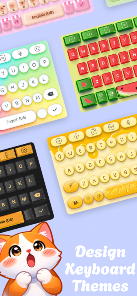 Cute Keyboard: Kawaii & Emoji - Showcase of various aesthetic keyboard themes like watermelon, honey, and pastel colors with a cute cat character.