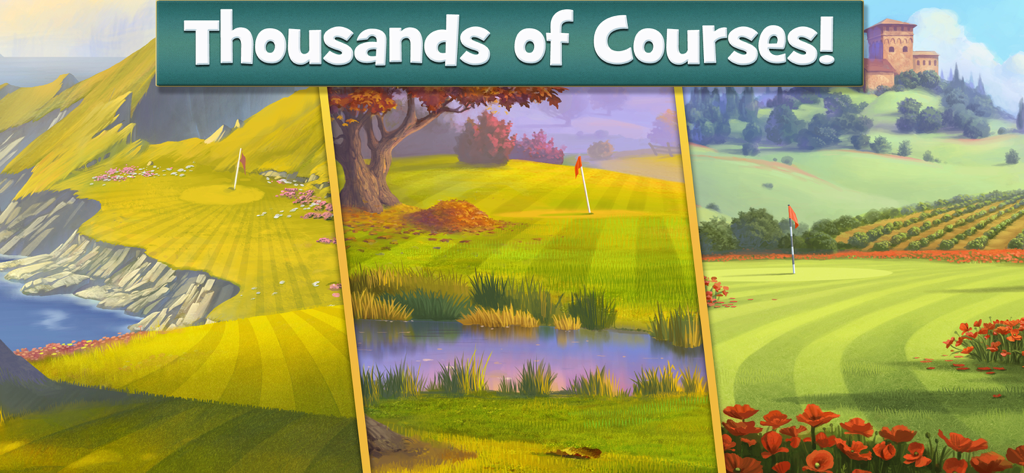 Drei handgemalte malerische Golfplatzhintergründe in Fairway Solitaire mit dem Text Tausende von Plätzen