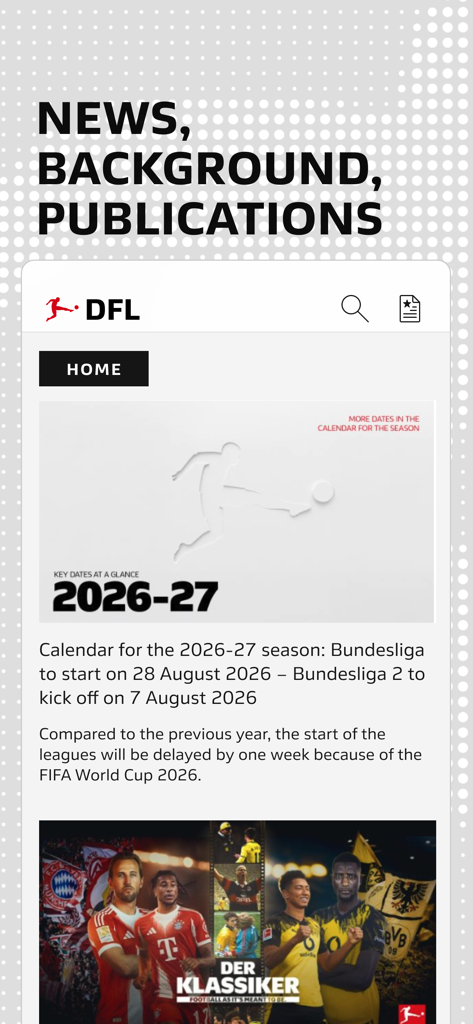 Écran d'accueil de l'application officielle DFL affichant les dernières actualités de la Bundesliga et les dates du calendrier de la saison
