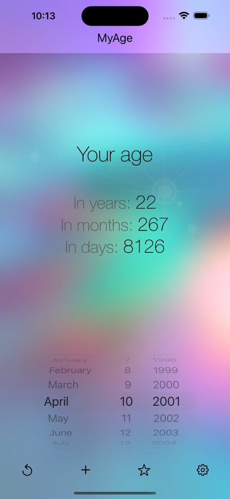 Interface of myAge app showing age calculated in years months and days with a birth date selector