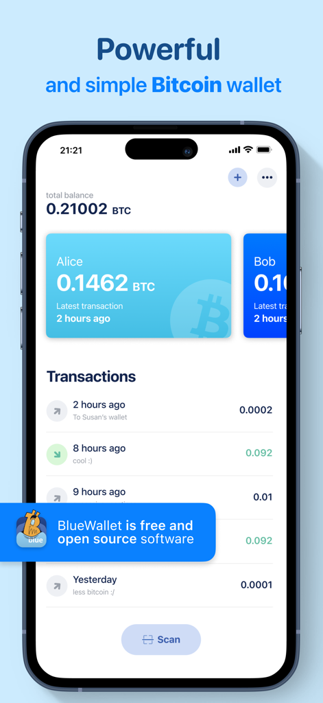 Mobile app interface of BlueWallet showing a Bitcoin balance and transaction history