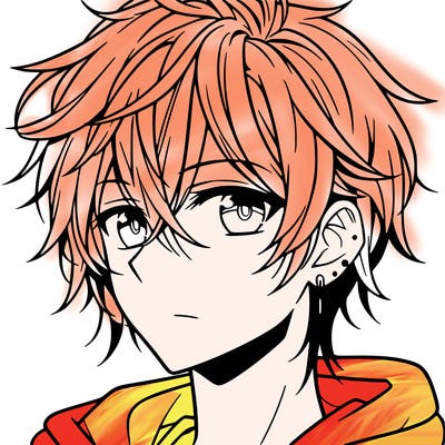 anime boy with shoulder-length hair with a pierced ear and medium-sized eyes