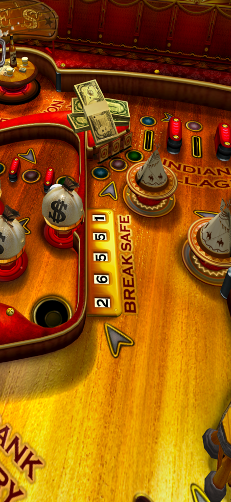 Wild West Pinball - Mesa de pinball 3D detallada con temática del Oeste, mostrando bolsas de dinero y pilas de efectivo