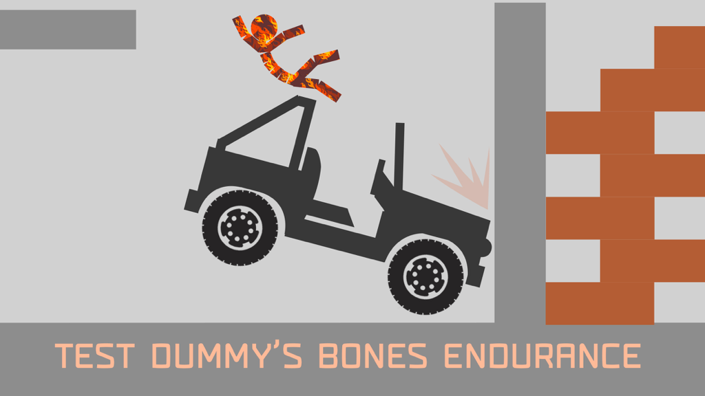 Stickman Turbo Car Crash Test - A stickman character flying off a black jeep after it crashes into a brick wall in a physics-based simulation game.