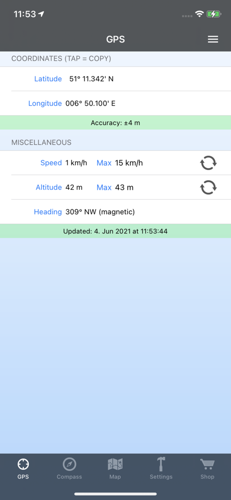 GPS & Maps: Location Tracker - Pantalla de la aplicación GPS que muestra coordenadas precisas, velocidad y altitud.
