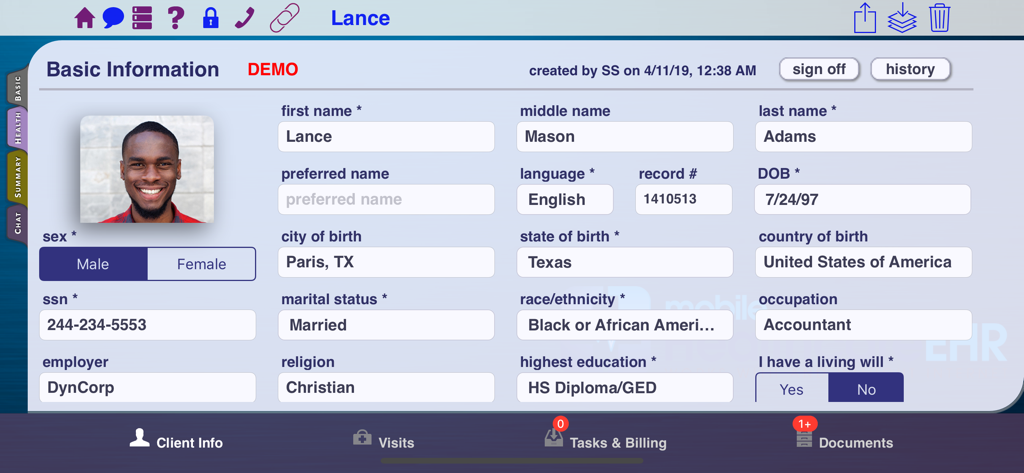 Mobile Healthcare EHR - Mobile Healthcare EHR patient profile and basic information screen