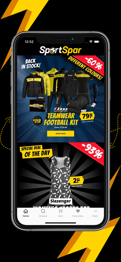 SportSpar International - Tela do aplicativo SportSpar International exibindo artigos esportivos de marca com desconto, incluindo uniformes de futebol e blusas femininas