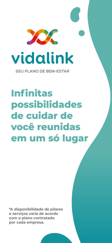Vidalink - Vidalinkアプリのスプラッシュスクリーン。会社ロゴと、1か所でセルフケアの無限の可能性についてのスローガンが表示されています。