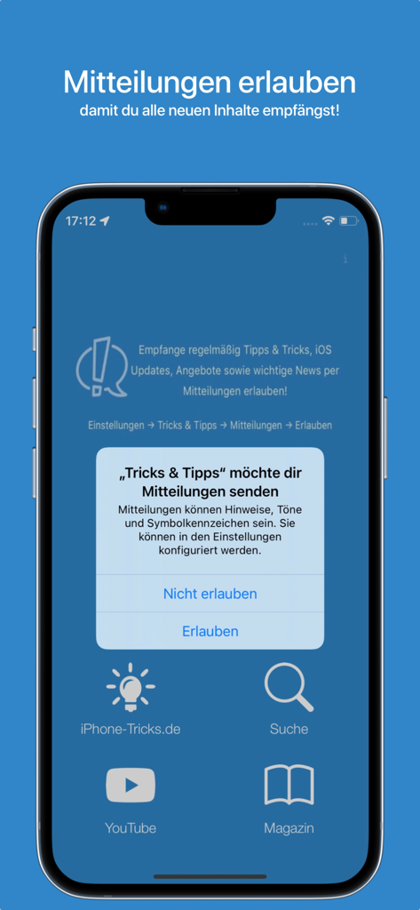 iPhone Tricksアプリのスクリーンショット。最新のヒントとアップデートのプッシュ通知を許可するためのシステムプロンプトが表示されています。