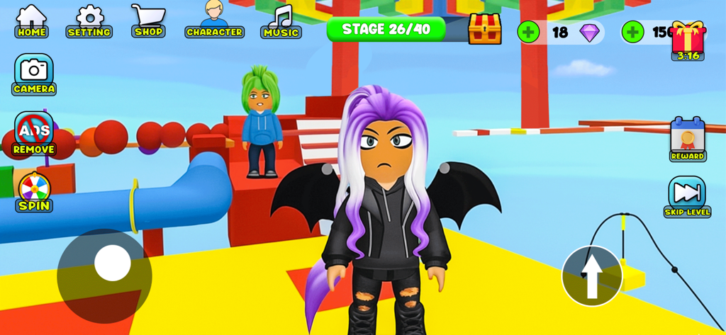 Obby Fun Parkour Race Games - Un personaje con cabello morado y alas negras de pie en un nivel de curso de obstáculos colorido.
