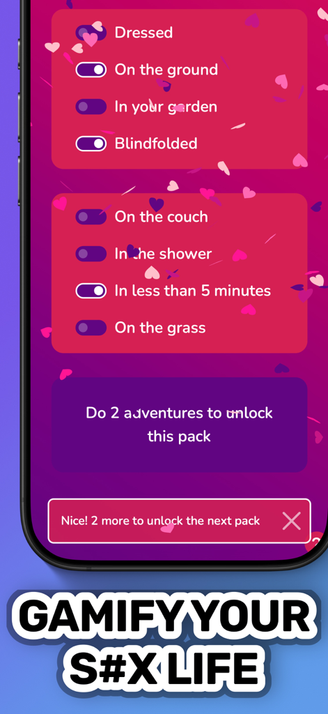 Sex Games for Couples • Blush - Pantalla de la aplicación que muestra una lista de escenarios de aventuras íntimas para que las parejas gamifiquen su relación.