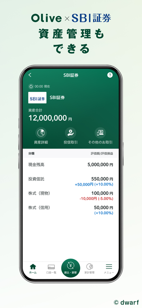 三井住友銀行アプリ - SMBC banking app interface showing integrated SBI Securities asset management and investment portfolio totals.