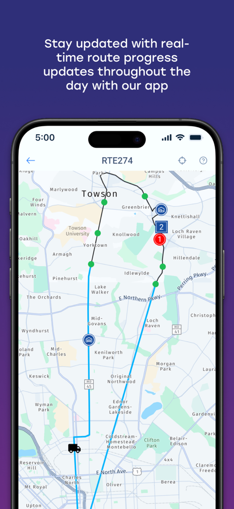 Real-time route progress and fleet tracking map in the Omnitracs Mobile Manager app