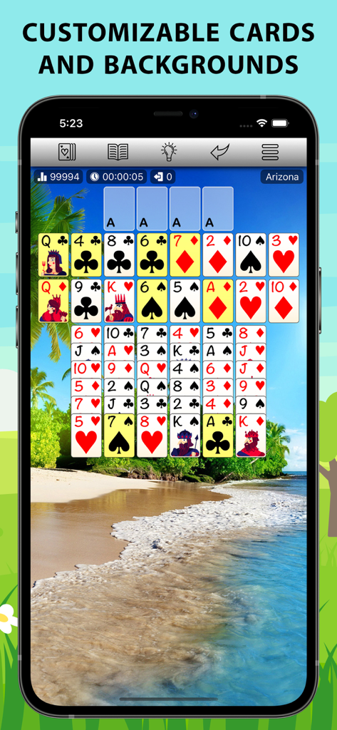 700 Solitaire Games Pro - A solitaire card game displayed on a smartphone with a customizable tropical beach background.