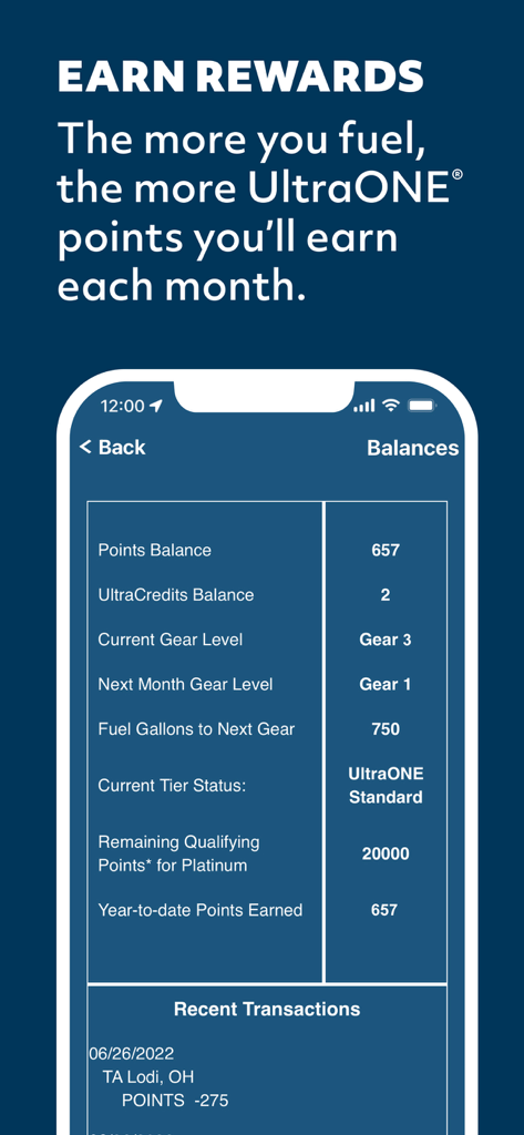 TruckSmart ™ - TruckSmart app interface showing UltraOne loyalty points balance and gear levels