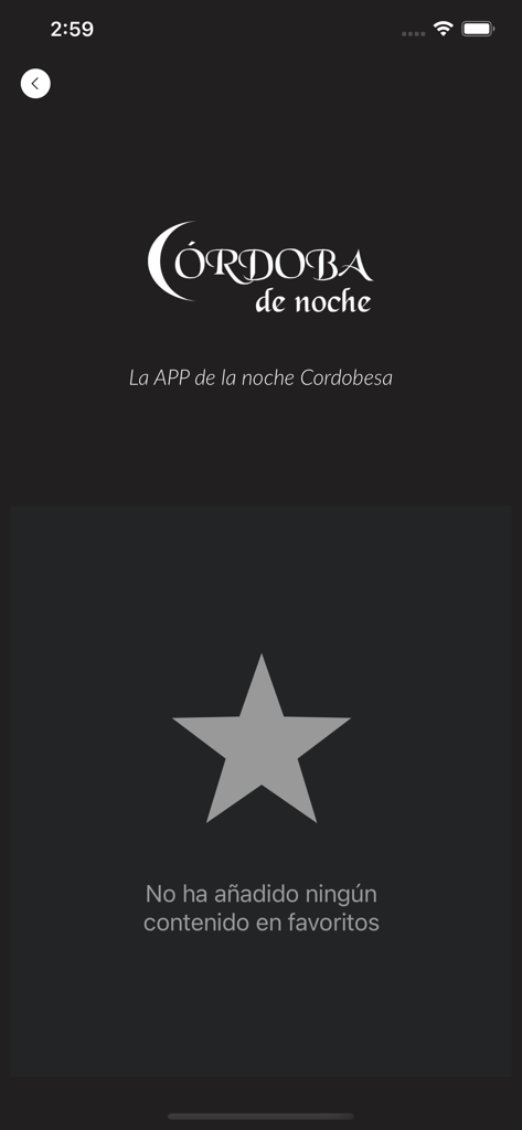 Córdoba de Noche - Empty favorites screen on Córdoba de Noche mobile app with a star icon