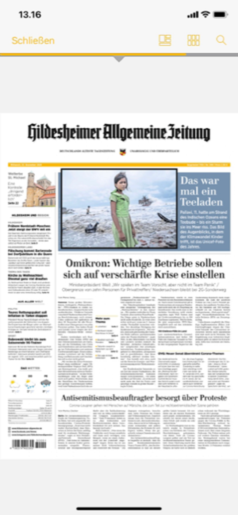 HAZ Digital - Titelseite der digitalen Zeitung Hildesheimer Allgemeine Zeitung, angezeigt in der HAZ Digital App.