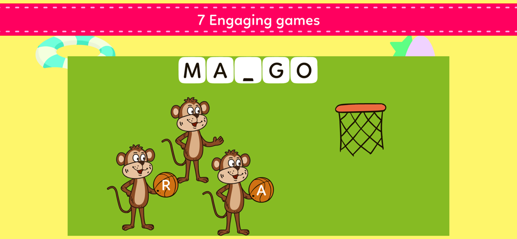 Spelling Games For Kids - Educational spelling game for kids featuring monkeys playing basketball to complete the word mango