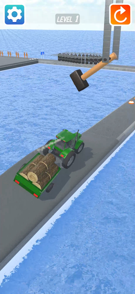 Crash Master 3D - A green tractor carrying logs avoids a giant swinging hammer on a narrow bridge over water in Crash Master 3D