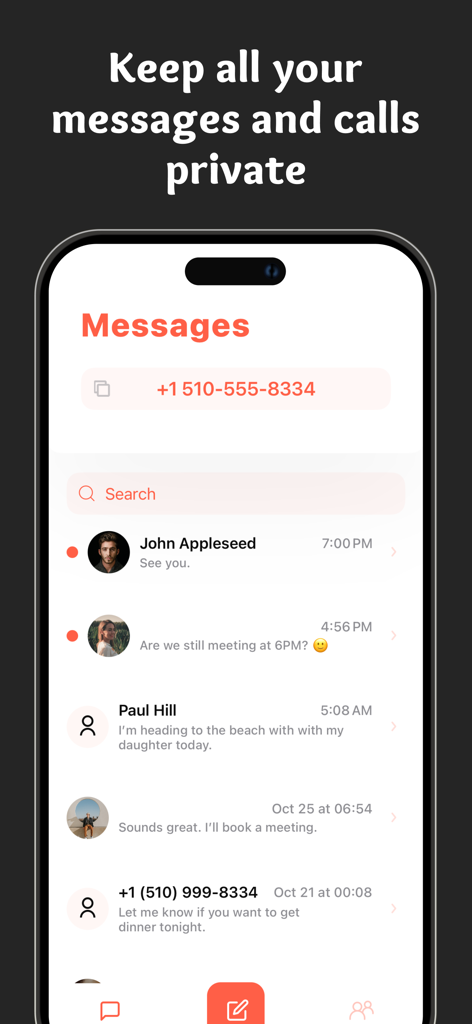 Texter: Second Texting Number - Texter app screen showing private messages and a secondary phone number