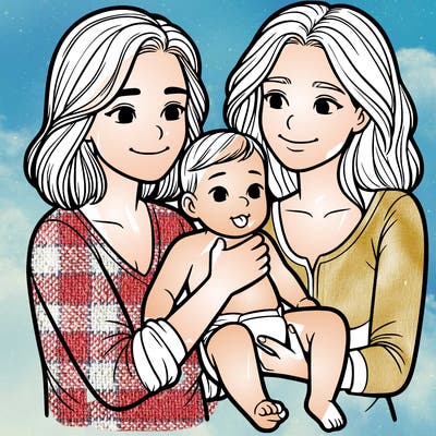 two realistic women holding one baby together