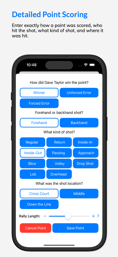 Interface for detailed tennis point scoring in MatchTrack app showing options for winners errors shot types and locations
