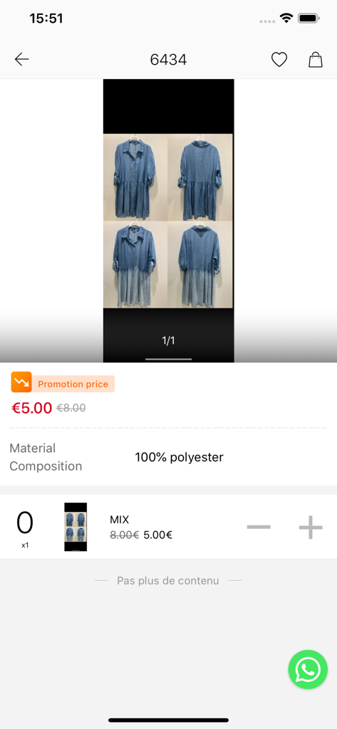 Pantalla de la aplicación Carla Giannini que muestra los detalles del vestido al por mayor y los precios promocionales.