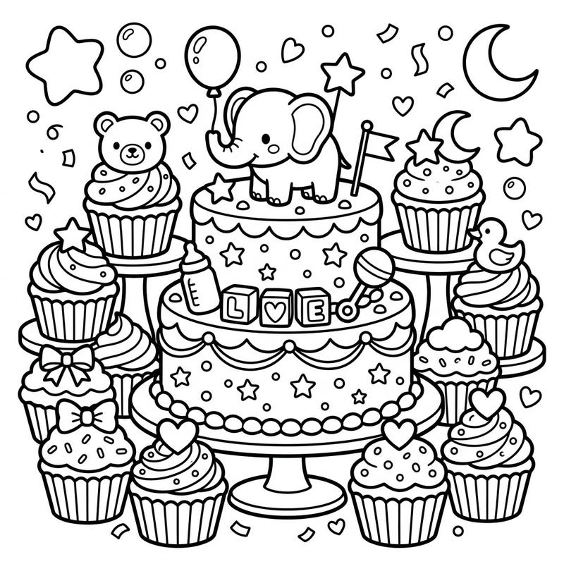 Introduce your little one to the joyous world of coloring with our delightful Baby Shower Cakes template. Designed specifically for toddlers, this page features chunky lines and simple shapes, making it perfect for developing early motor skills.