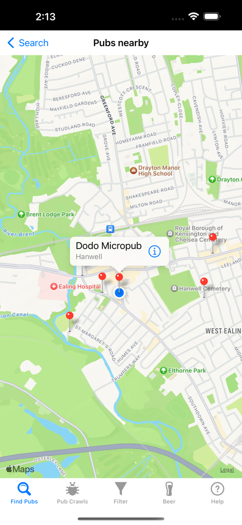 Pub Crawler - Vue cartographique dans l'application Pub Crawler montrant les pubs à proximité avec une fenêtre contextuelle pour Dodo Micropub à Hanwell.
