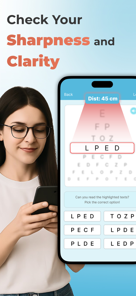 Eye Test & Exercises :Vision 7 - Una mujer usando una aplicación móvil para comprobar la agudeza y claridad de su visión con una tabla digital de Snellen.