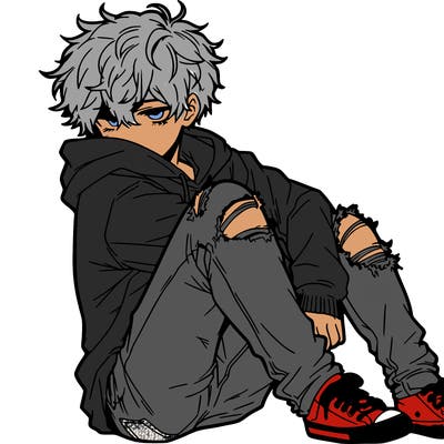 a male hoddie ripped jeans messy hair anime