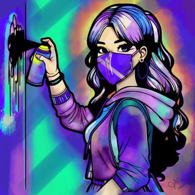 realistic girl with mask spray painting a wall