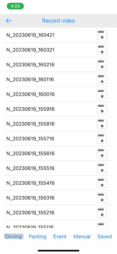 BlackBox Viewer - A list of recorded dashcam videos in the BlackBox Viewer app interface showing driving footage by date and time.
