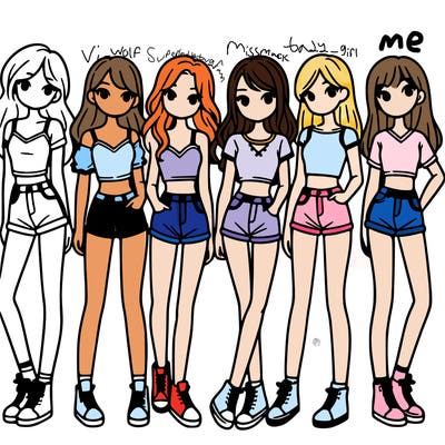 a group of girls wearing crop tops and shorts