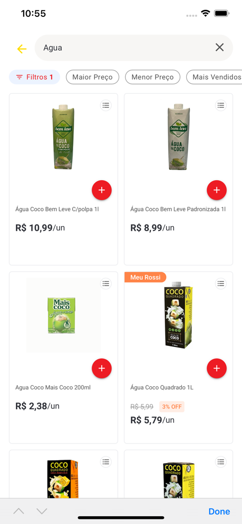 Rossi Delivery - Supermercado - Mobile app interface of Rossi Delivery showing coconut water search results and prices